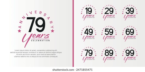 conjunto de logotipo de aniversario número de color negro plano y texto púrpura sobre fondo blanco para la celebración