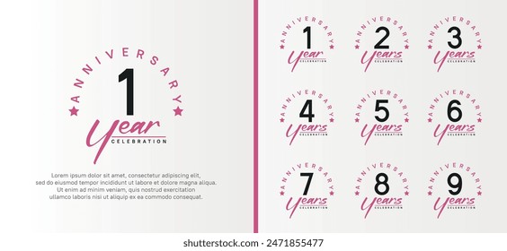 set of anniversary logo flat black color number and purple text on white background for celebration