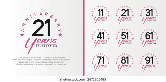 set of anniversary logo flat black color number and purple text on white background for celebration