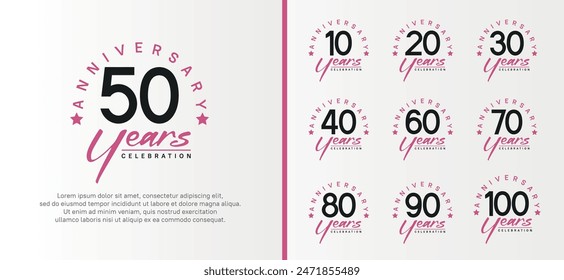 conjunto de logotipo de aniversario número de color negro plano y texto púrpura sobre fondo blanco para la celebración