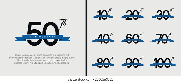 set of anniversary logo flat black color number and blue ribbon on white background for celebration
