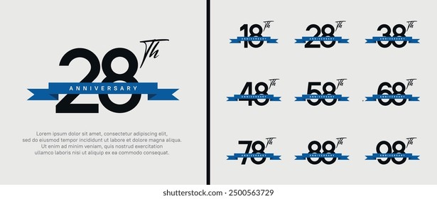 set of anniversary logo flat black color number and blue ribbon on white background for celebration