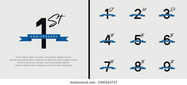 set of anniversary logo flat black color number and blue ribbon on white background for celebration