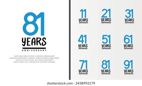 set of anniversary logo flat blue color number and black on white background for celebration