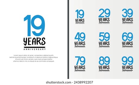 conjunto de logotipo de aniversario número de color azul plano y negro sobre fondo blanco para la celebración