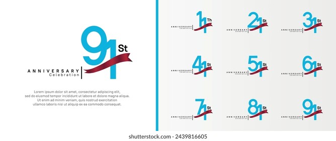 set of anniversary logo flat blue color number and red ribbon on white background for celebration