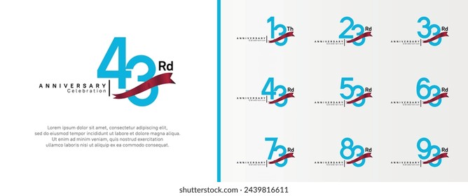 set of anniversary logo flat blue color number and red ribbon on white background for celebration