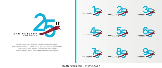 set of anniversary logo flat blue color number and red ribbon on white background for celebration
