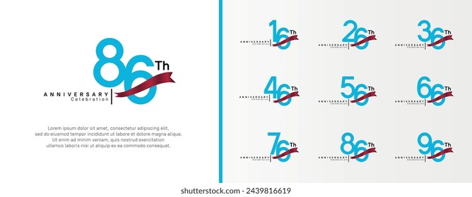 set of anniversary logo flat blue color number and red ribbon on white background for celebration