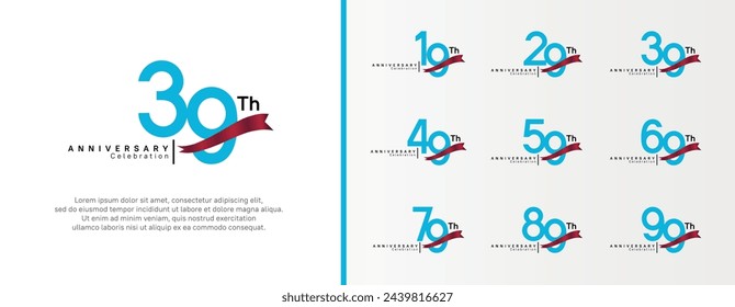 conjunto de logotipo de aniversario número de color azul plano y cinta roja en el fondo blanco para la celebración