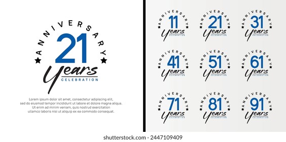 conjunto de logotipo de aniversario número de color azul plano y texto negro sobre fondo blanco para la celebración