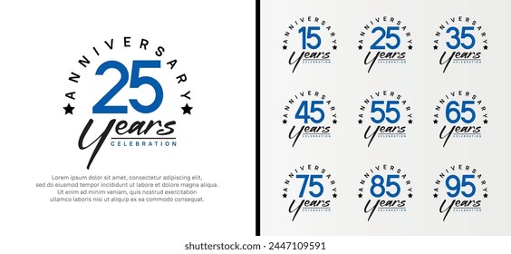 conjunto de logotipo de aniversario número de color azul plano y texto negro sobre fondo blanco para la celebración