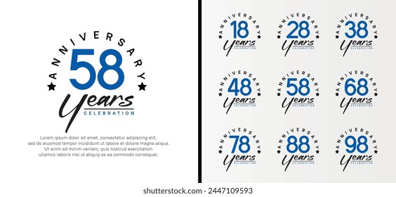 set of anniversary logo flat blue color number and black text on white background for celebration