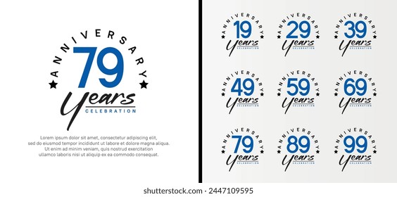 set of anniversary logo flat blue color number and black text on white background for celebration