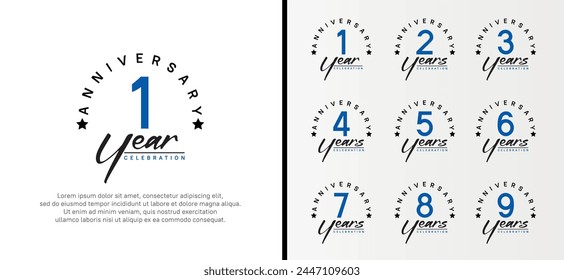 set of anniversary logo flat blue color number and black text on white background for celebration