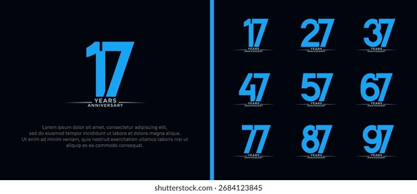 Conjunto de logotipo de aniversario de color azul plano sobre fondo negro para el momento de la celebración