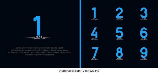 Conjunto de logotipo de aniversario de color azul plano sobre fondo negro para el momento de la celebración