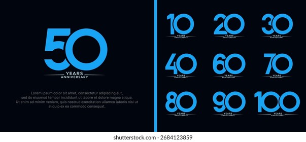 Conjunto de logotipo de aniversario de color azul plano sobre fondo negro para el momento de la celebración