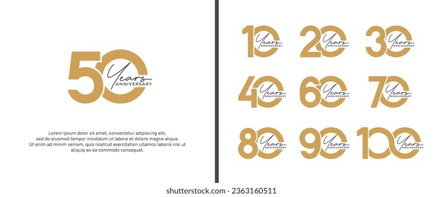 conjunto de logotipo de aniversario color café plano sobre fondo blanco para momento de celebración