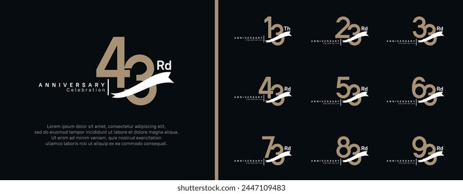 conjunto de logotipo de aniversario número de color marrón plano y cinta blanca sobre fondo negro para la celebración