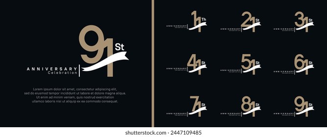 set of anniversary logo flat brown color number and white ribbon on black background for celebration