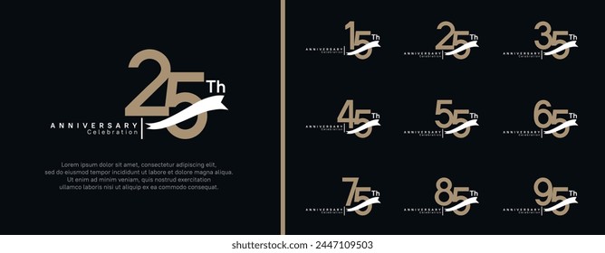 set of anniversary logo flat brown color number and white ribbon on black background for celebration