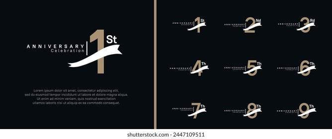 set of anniversary logo flat brown color number and white ribbon on black background for celebration