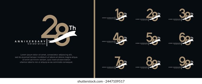 conjunto de logotipo de aniversario número de color marrón plano y cinta blanca sobre fondo negro para la celebración