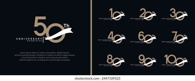 set of anniversary logo flat brown color number and white ribbon on black background for celebration