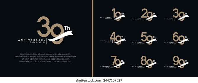 conjunto de logotipo de aniversario número de color marrón plano y cinta blanca sobre fondo negro para la celebración