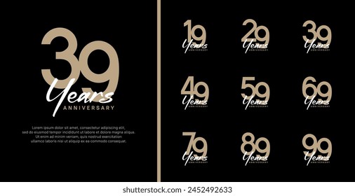 conjunto de logotipo de aniversario número de color marrón plano y texto blanco sobre fondo negro para la celebración