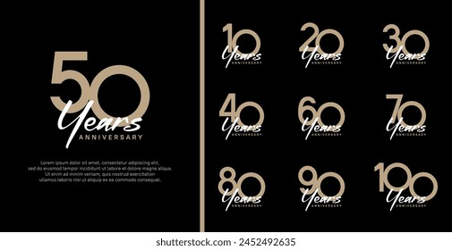 set of anniversary logo flat brown color number and white text on black background for celebration