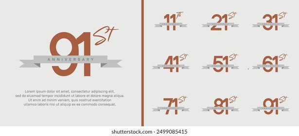 set of anniversary logo flat brown color number and gray ribbon on white background for celebration