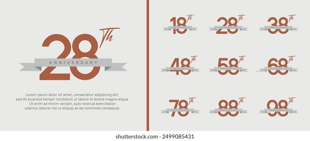 set of anniversary logo flat brown color number and gray ribbon on white background for celebration