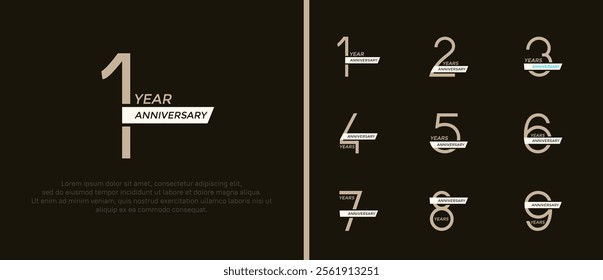 set of anniversary logo flat brown color and white ribbon on black background for celebration moment