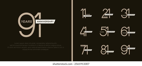 set of anniversary logo flat brown color and white ribbon on black background for celebration moment