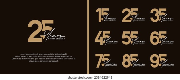 conjunto de logotipo de aniversario color oro plano sobre fondo negro para momento de celebración