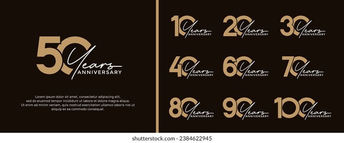 Set von Jubiläumslogo, flache goldene Farbe auf schwarzem Hintergrund für Feierlichkeiten