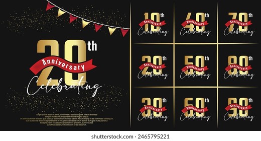 set of anniversary logo flat gold color with red ribbon on black background for celebration moment