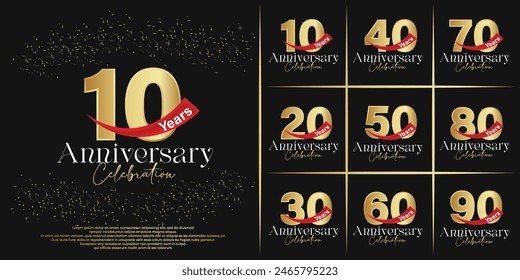 set of anniversary logo flat gold color with red ribbon on black background for celebration moment