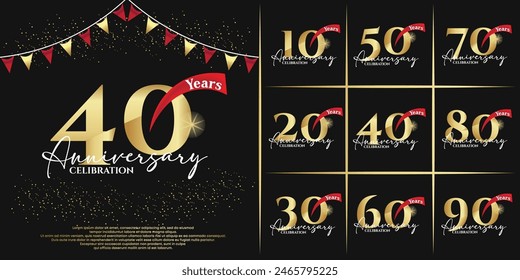 set of anniversary logo flat gold color with red ribbon on black background for celebration moment