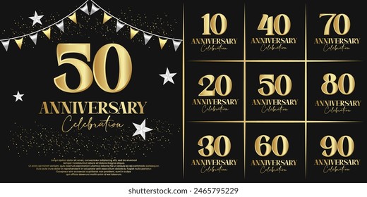 set of anniversary logo flat gold color with red ribbon on black background for celebration moment