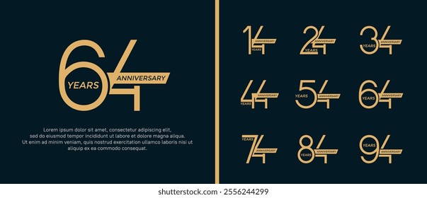 set of anniversary logo flat gold color and ribbon on black background for celebration moment