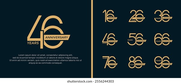 set of anniversary logo flat gold color and ribbon on black background for celebration moment