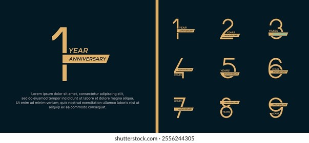 set of anniversary logo flat gold color and ribbon on black background for celebration moment