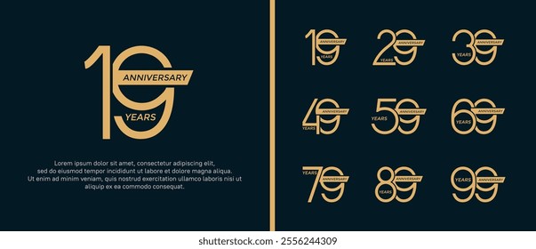 set of anniversary logo flat gold color and ribbon on black background for celebration moment