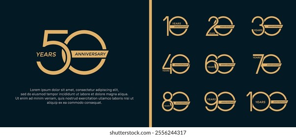 set of anniversary logo flat gold color and ribbon on black background for celebration moment