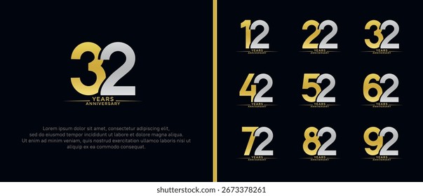 Conjunto de logotipo de aniversario de oro plano y color de plata sobre fondo negro para el momento de la celebración