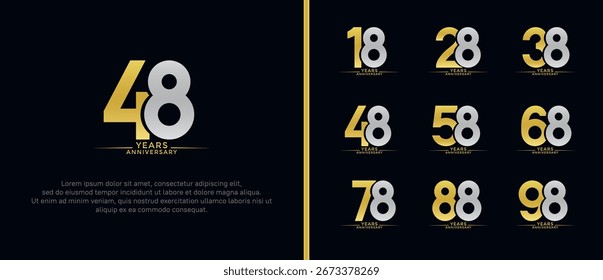 Conjunto de logotipo de aniversario de oro plano y color de plata sobre fondo negro para el momento de la celebración