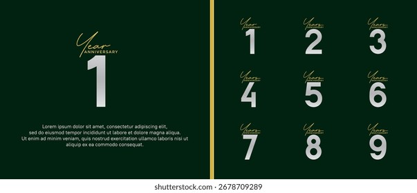 Conjunto de logotipo de aniversario plano de color oro y plata sobre fondo verde para el momento de la celebración